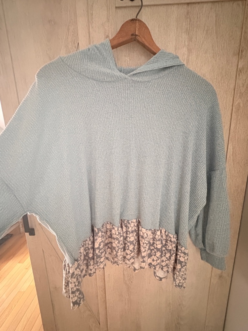 Oddi Oversized Dusty Sage Blue with floral Hem Hooded Top – Size S